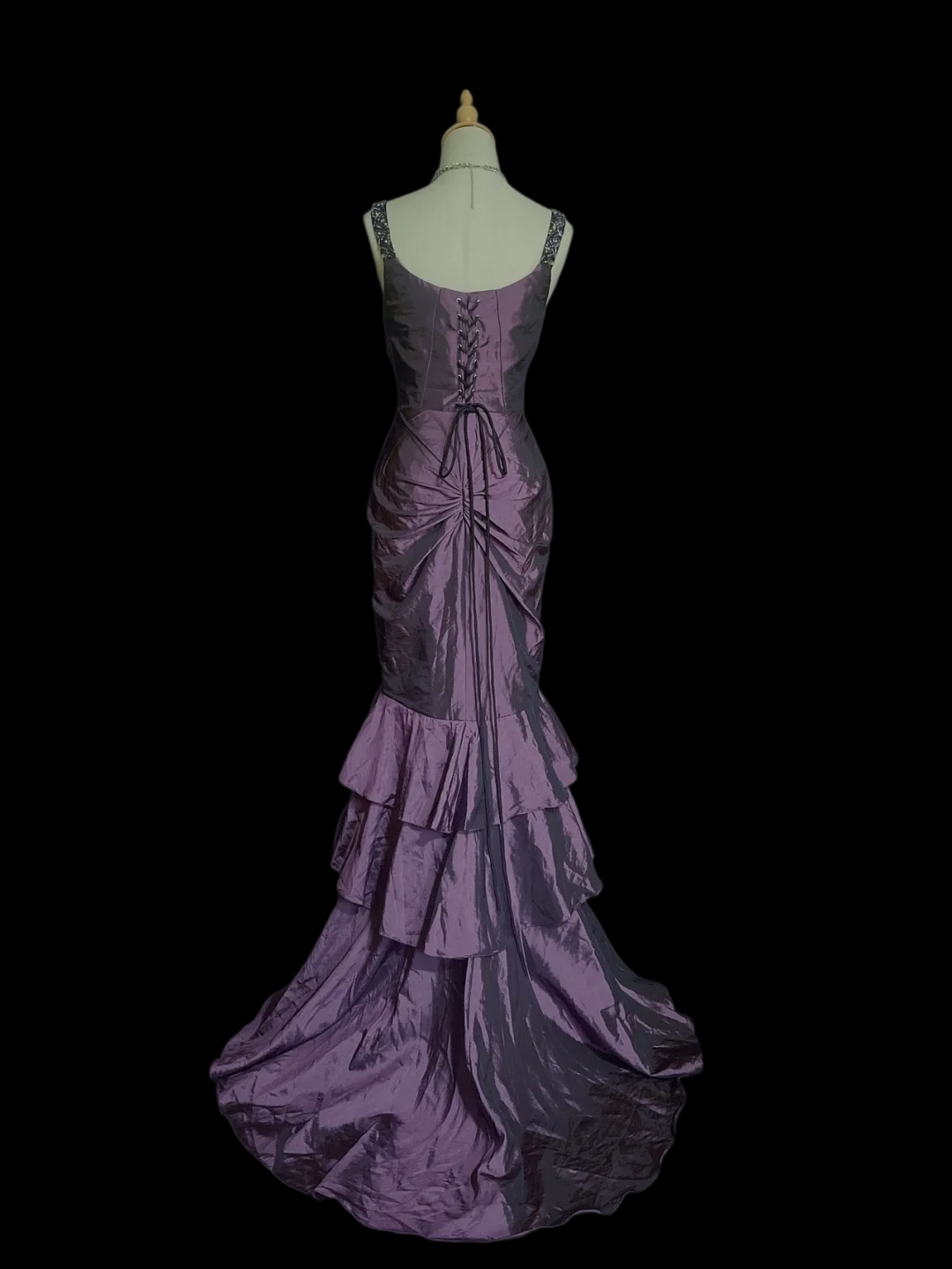 V Neck Mermaid Purple Prom Dress Layered Taffeta Evening Dress P921