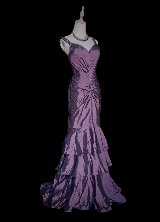 V Neck Mermaid Purple Prom Dress Layered Taffeta Evening Dress P921