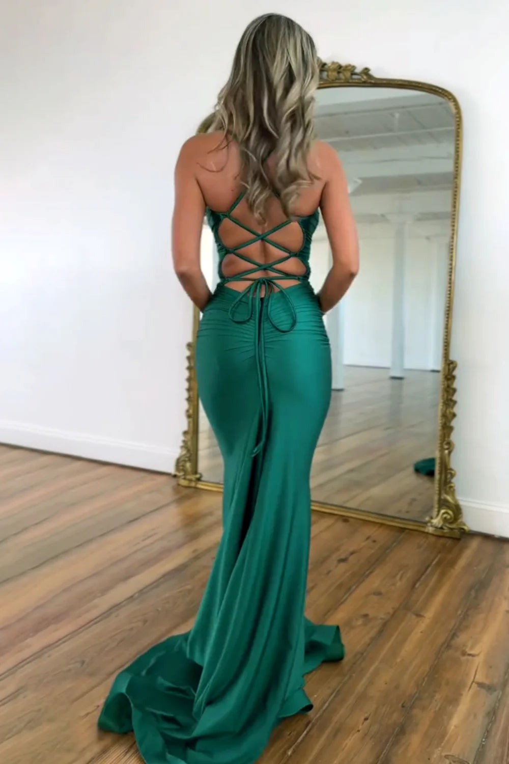 V Neck Mermaid Satin Green Prom Dress Backless Formal Dress  P953