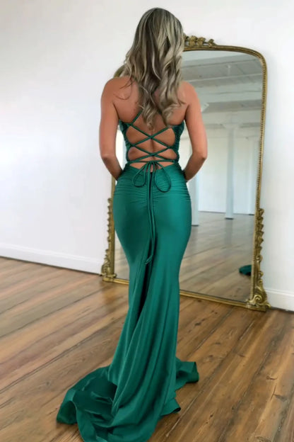 V Neck Mermaid Satin Green Prom Dress Backless Formal Dress  P953