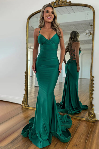 V Neck Mermaid Satin Green Prom Dress Backless Formal Dress  P953