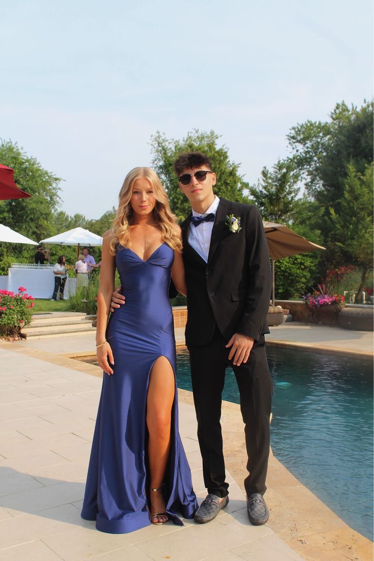 V Neck Navy Blue Satin Prom Dress With Slit Mermaid Evening Gown  P1441