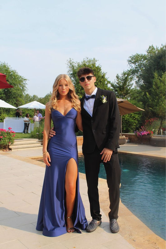 V Neck Navy Blue Satin Prom Dress With Slit Mermaid Evening Gown  P1441
