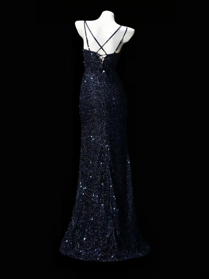 V Neck Navy Blue Sequins Mermaid Prom Dress Sparkle Evening Dress  P1973