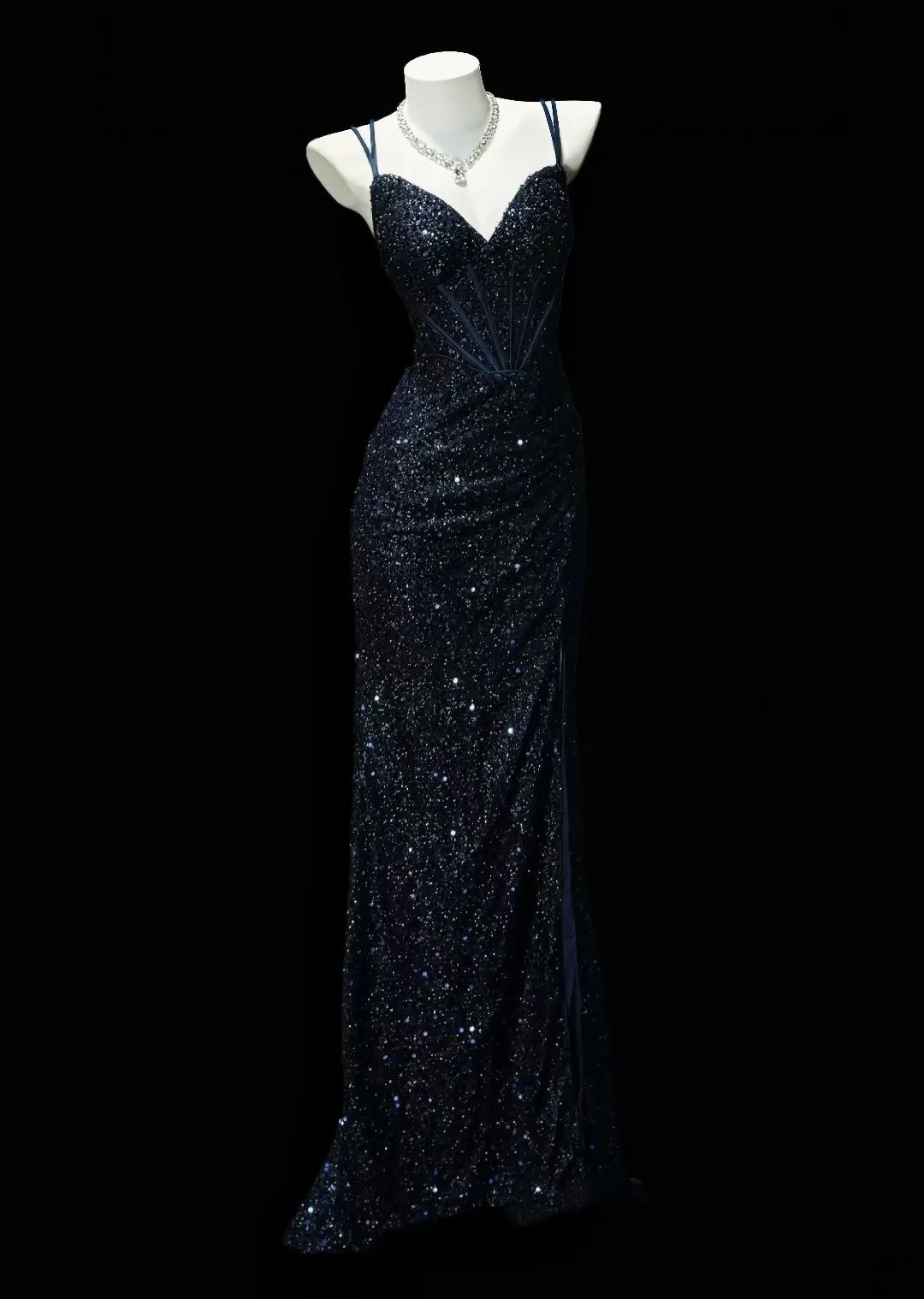 V Neck Navy Blue Sequins Mermaid Prom Dress Sparkle Evening Dress  P1973