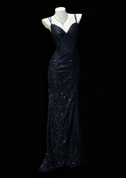 V Neck Navy Blue Sequins Mermaid Prom Dress Sparkle Evening Dress  P1973