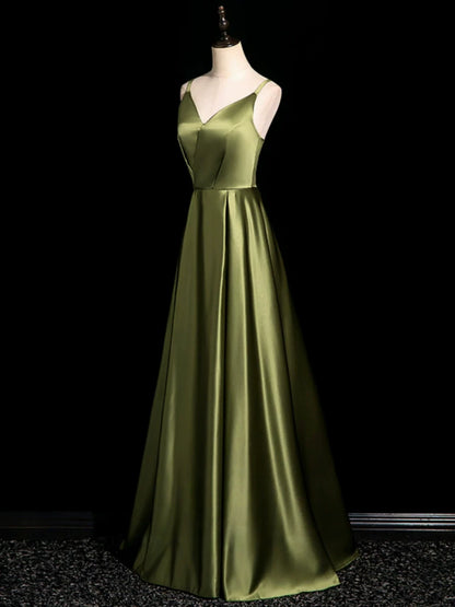 V Neck Olive Green Satin Bridesmaid Dress A Line Evening Gown  P2705