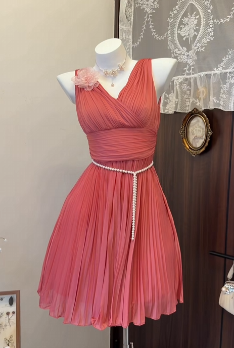 V Neck Peach Pink Chiffon Homecoming Dress Pleated Short Dress  P1950