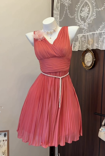 V Neck Peach Pink Chiffon Homecoming Dress Pleated Short Dress  P1950