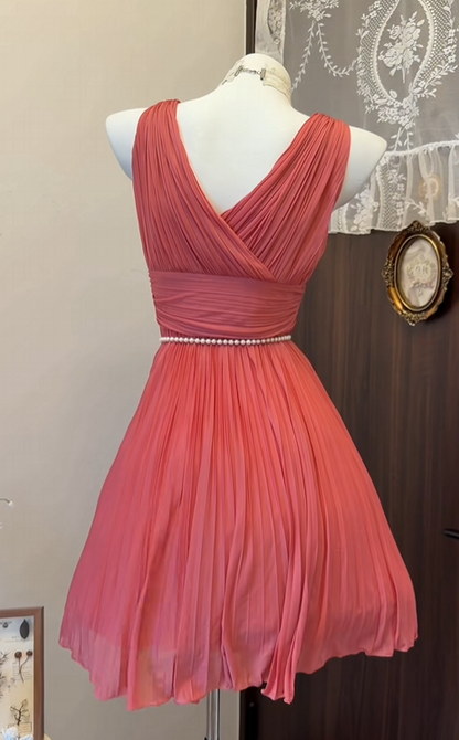 V Neck Peach Pink Chiffon Homecoming Dress Pleated Short Dress  P1950