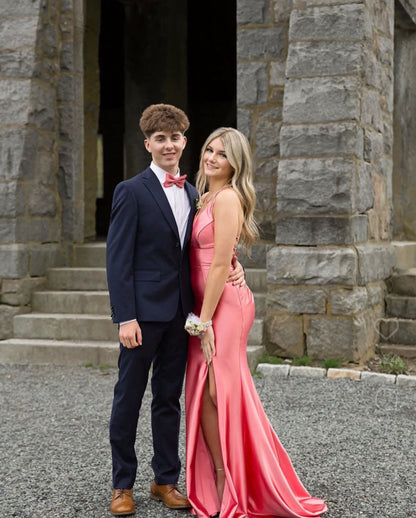 V Neck Peach Satin Prom Dress Open Back Mermaid Formal Dress  P1603