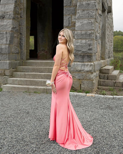 V Neck Peach Satin Prom Dress Open Back Mermaid Formal Dress  P1603