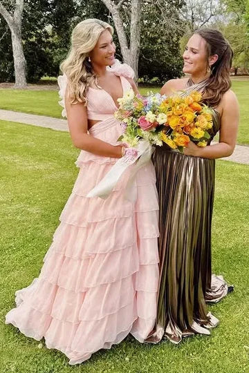 V Neck Pink Chiffon A Line Prom Dress Layered Formal Dress  P1143
