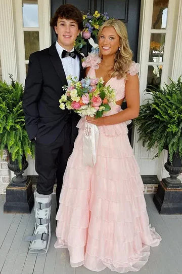 V Neck Pink Chiffon A Line Prom Dress Layered Formal Dress  P1143