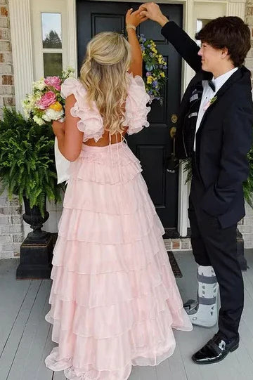 V Neck Pink Chiffon A Line Prom Dress Layered Formal Dress  P1143