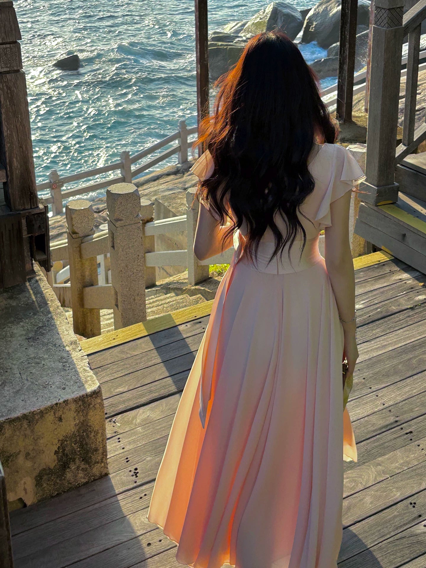 V Neck Pink Chiffon Wedding Guest Dress  P1552