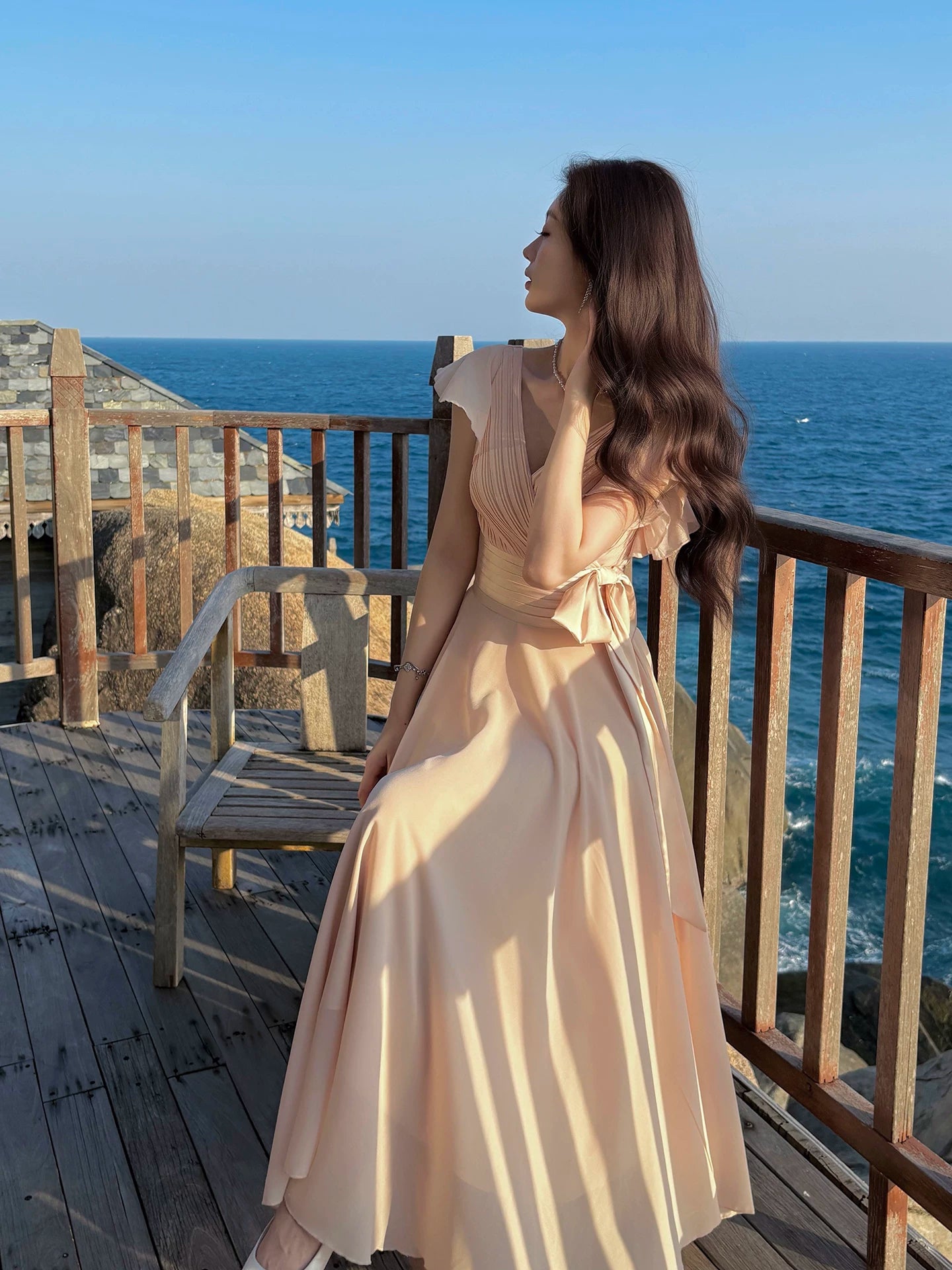 V Neck Pink Chiffon Wedding Guest Dress  P1552
