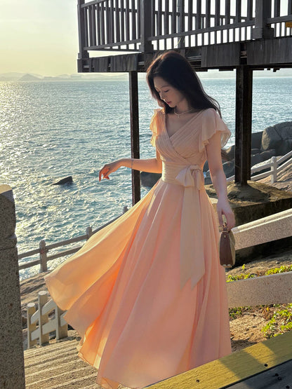 V Neck Pink Chiffon Wedding Guest Dress  P1552