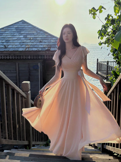 V Neck Pink Chiffon Wedding Guest Dress  P1552