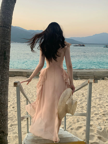 V Neck Pink Chiffon Wedding Guest Dress Ruffled Summer Dress  P1596