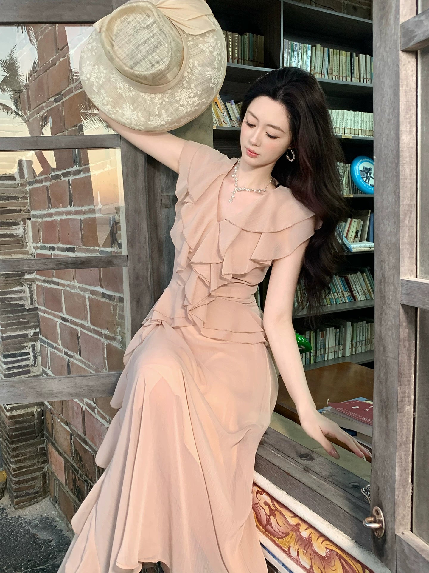 V Neck Pink Chiffon Wedding Guest Dress Ruffled Summer Dress  P1596