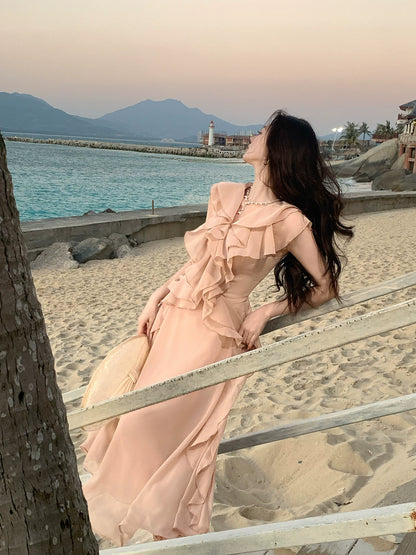 V Neck Pink Chiffon Wedding Guest Dress Ruffled Summer Dress  P1596