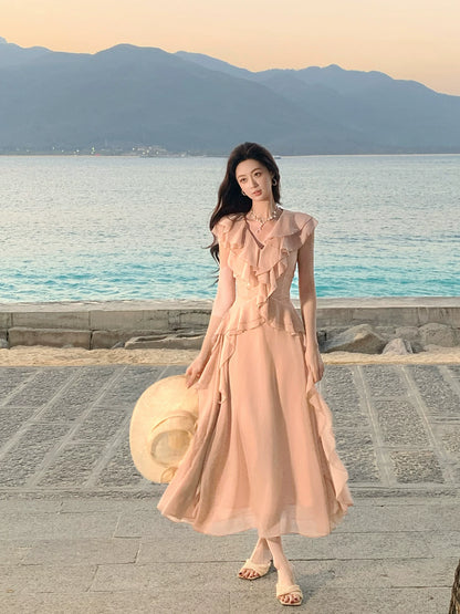 V Neck Pink Chiffon Wedding Guest Dress Ruffled Summer Dress  P1596