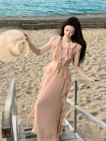 V Neck Pink Chiffon Wedding Guest Dress Ruffled Summer Dress  P1596