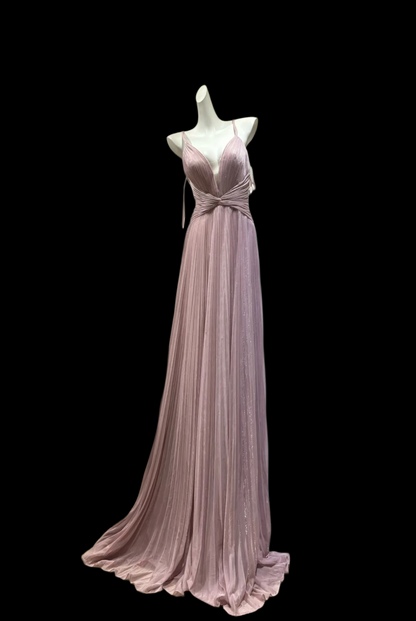 V Neck Pink Pleated Long Prom Dress Wedding Guest Dress  P2002