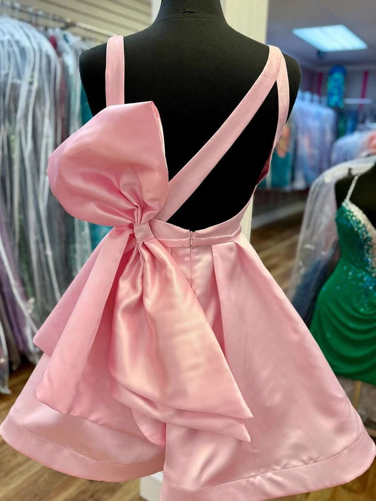 V Neck Pink Satin Homecoming Dress Short Birthday Dress With Bow Knot  P2305