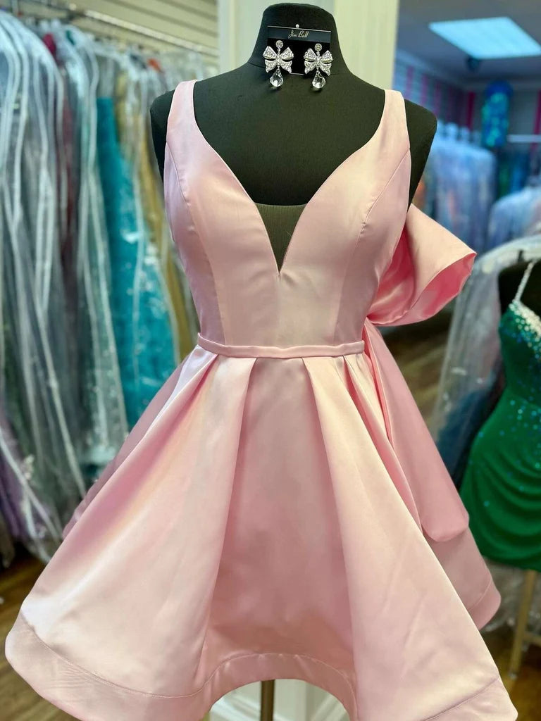 V Neck Pink Satin Homecoming Dress Short Birthday Dress With Bow Knot  P2305