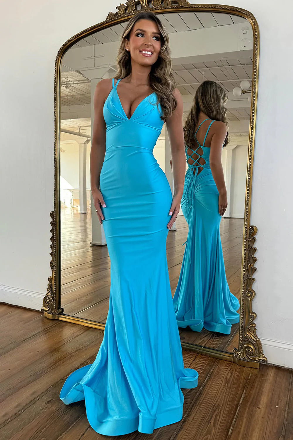 V Neck Pink Satin Mermaid Prom Dress Formal Evening Dress  P963