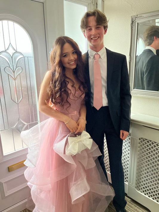 V Neck Pink Tulle A Line Prom Dress Formal Party Dress  P913