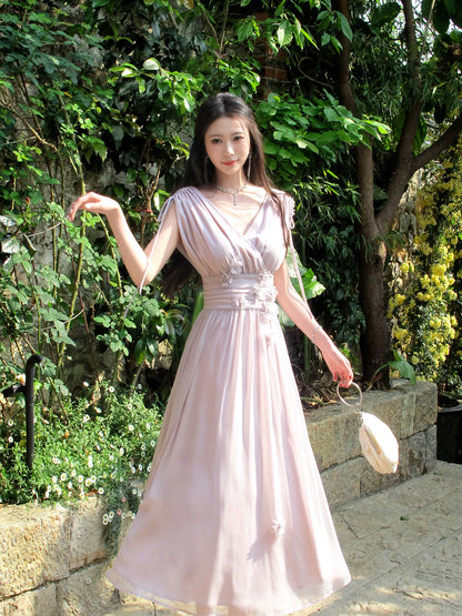 V Neck Purple A Line Chiffon Wedding Guest Dress  P1285