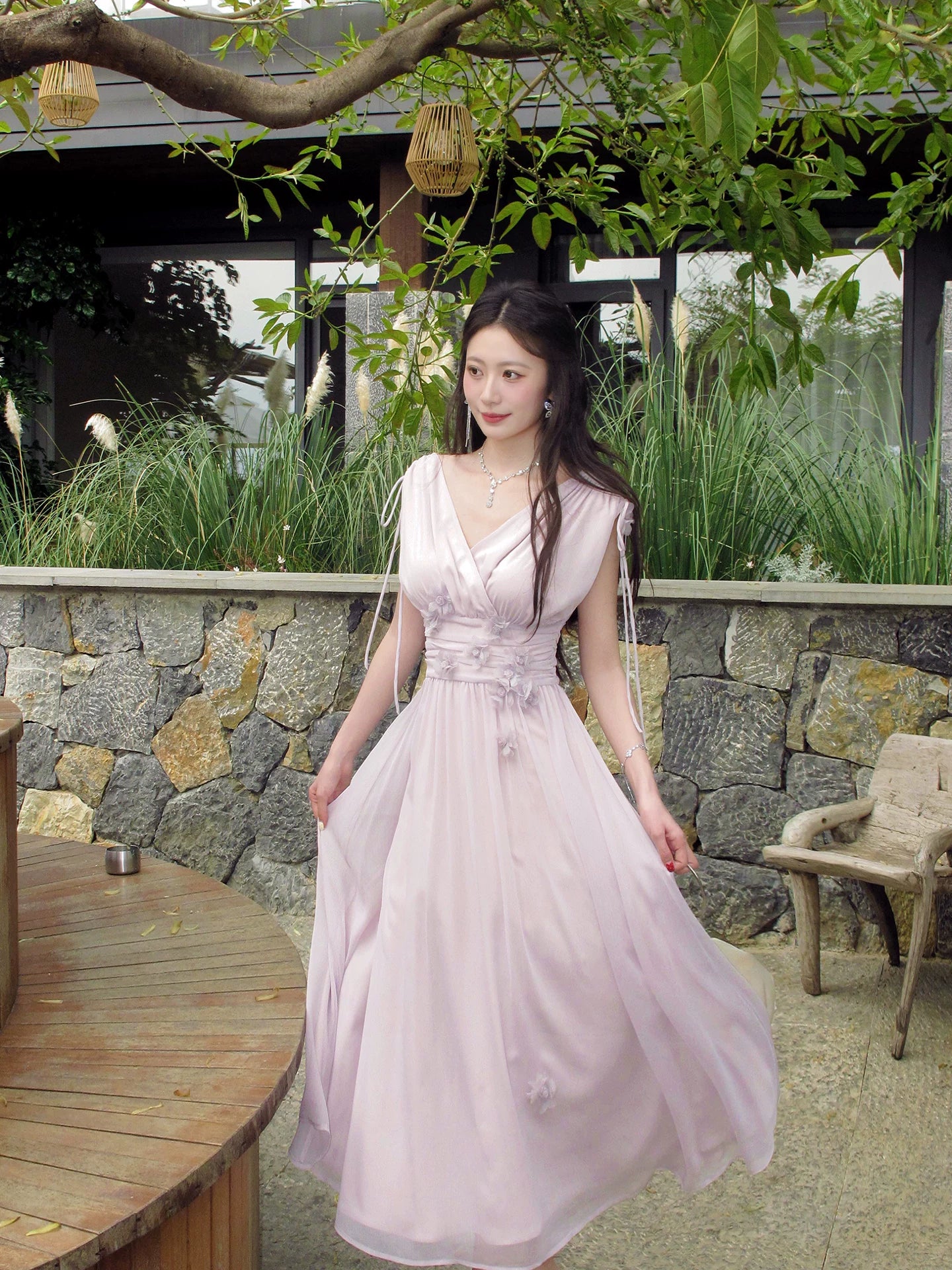 V Neck Purple A Line Chiffon Wedding Guest Dress  P1285