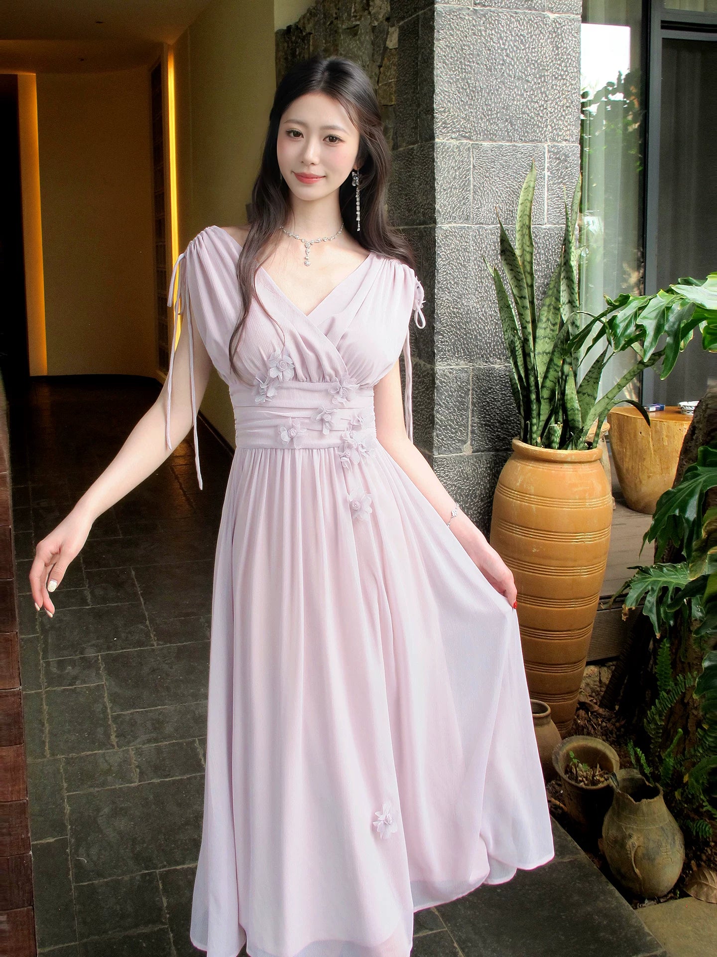 V Neck Purple A Line Chiffon Wedding Guest Dress  P1285