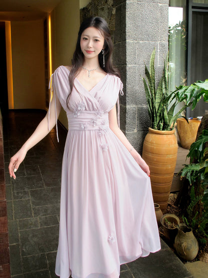 V Neck Purple A Line Chiffon Wedding Guest Dress  P1285