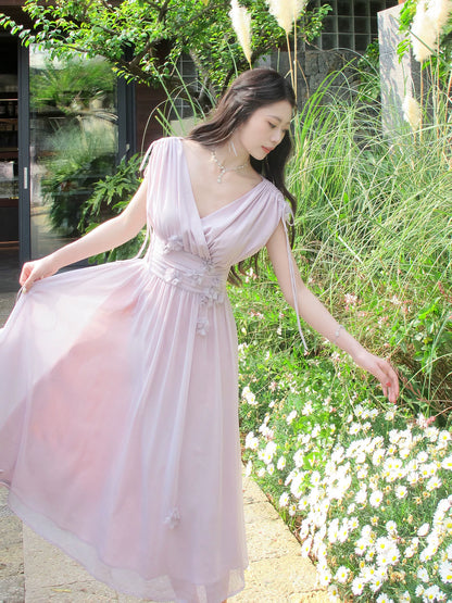 V Neck Purple A Line Chiffon Wedding Guest Dress  P1285