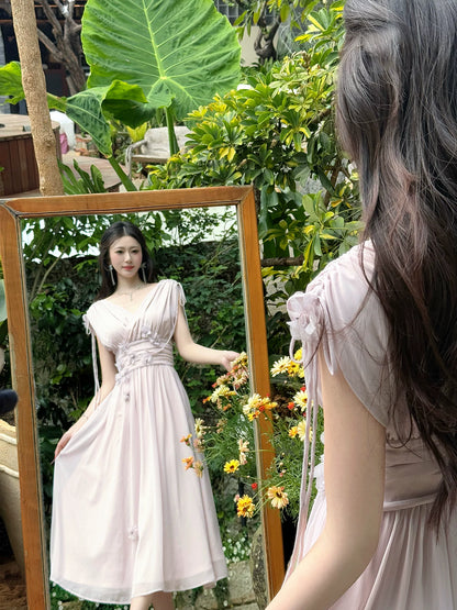 V Neck Purple A Line Chiffon Wedding Guest Dress  P1285