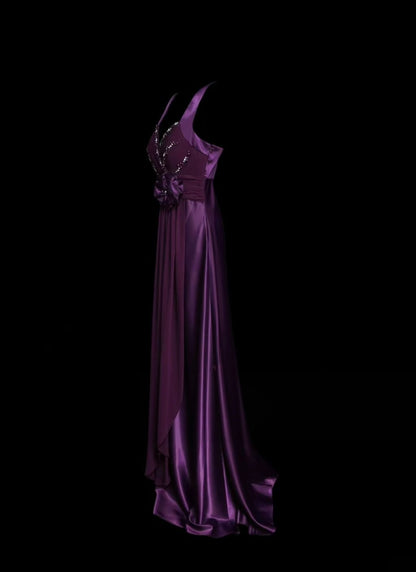 V Neck Purple A Line Formal Wedding Guest Dress Retro Prom Dress   P2096