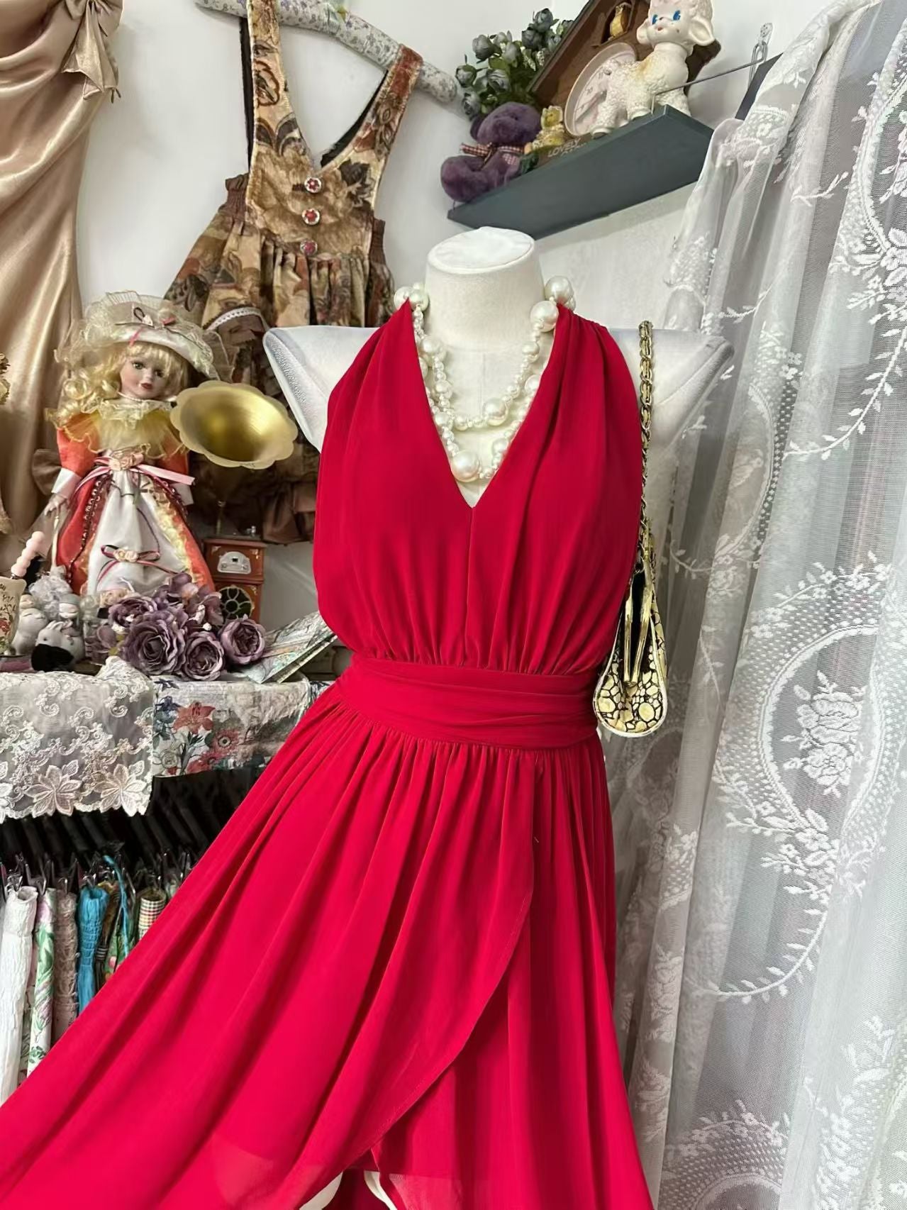 V Neck Red Chiffon Formal Prom Dress A Line Wedding Guest Dress  P2085