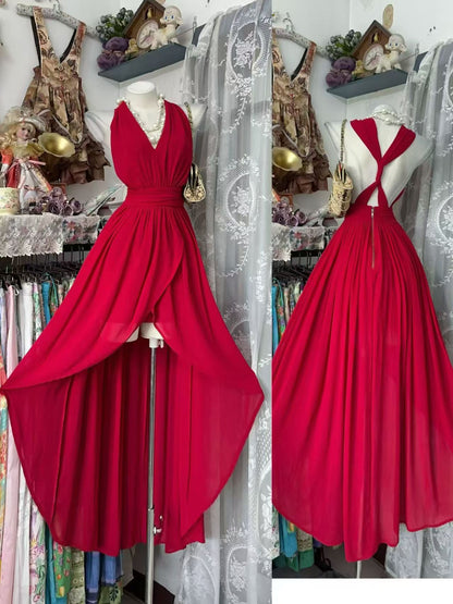 V Neck Red Chiffon Formal Prom Dress A Line Wedding Guest Dress  P2085