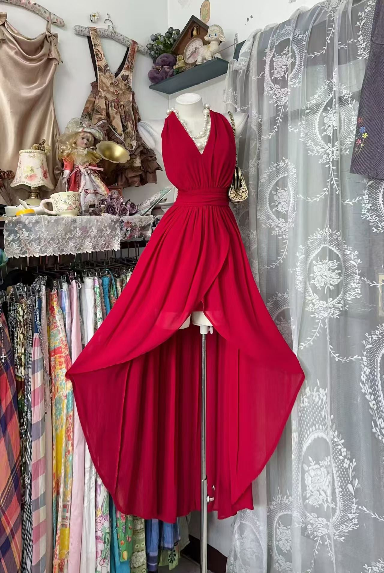V Neck Red Chiffon Formal Prom Dress A Line Wedding Guest Dress  P2085