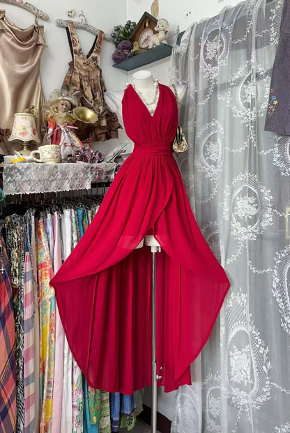 V Neck Red Chiffon Formal Prom Dress A Line Wedding Guest Dress  P2085