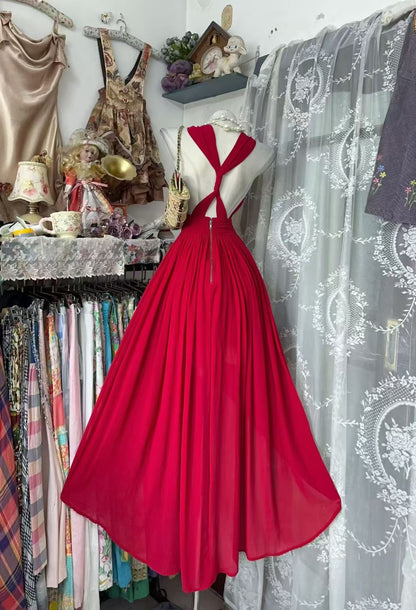 V Neck Red Chiffon Formal Prom Dress A Line Wedding Guest Dress  P2085