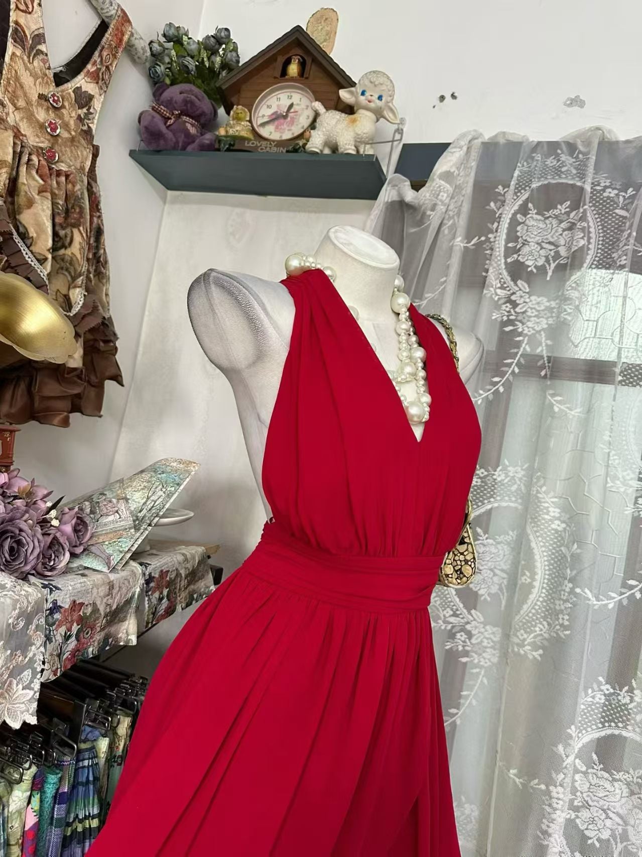 V Neck Red Chiffon Formal Prom Dress A Line Wedding Guest Dress  P2085