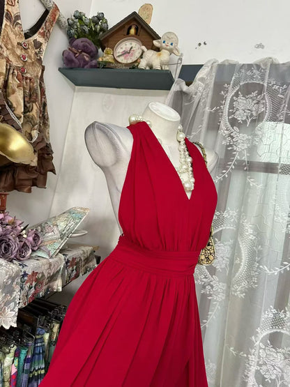 V Neck Red Chiffon Formal Prom Dress A Line Wedding Guest Dress  P2085