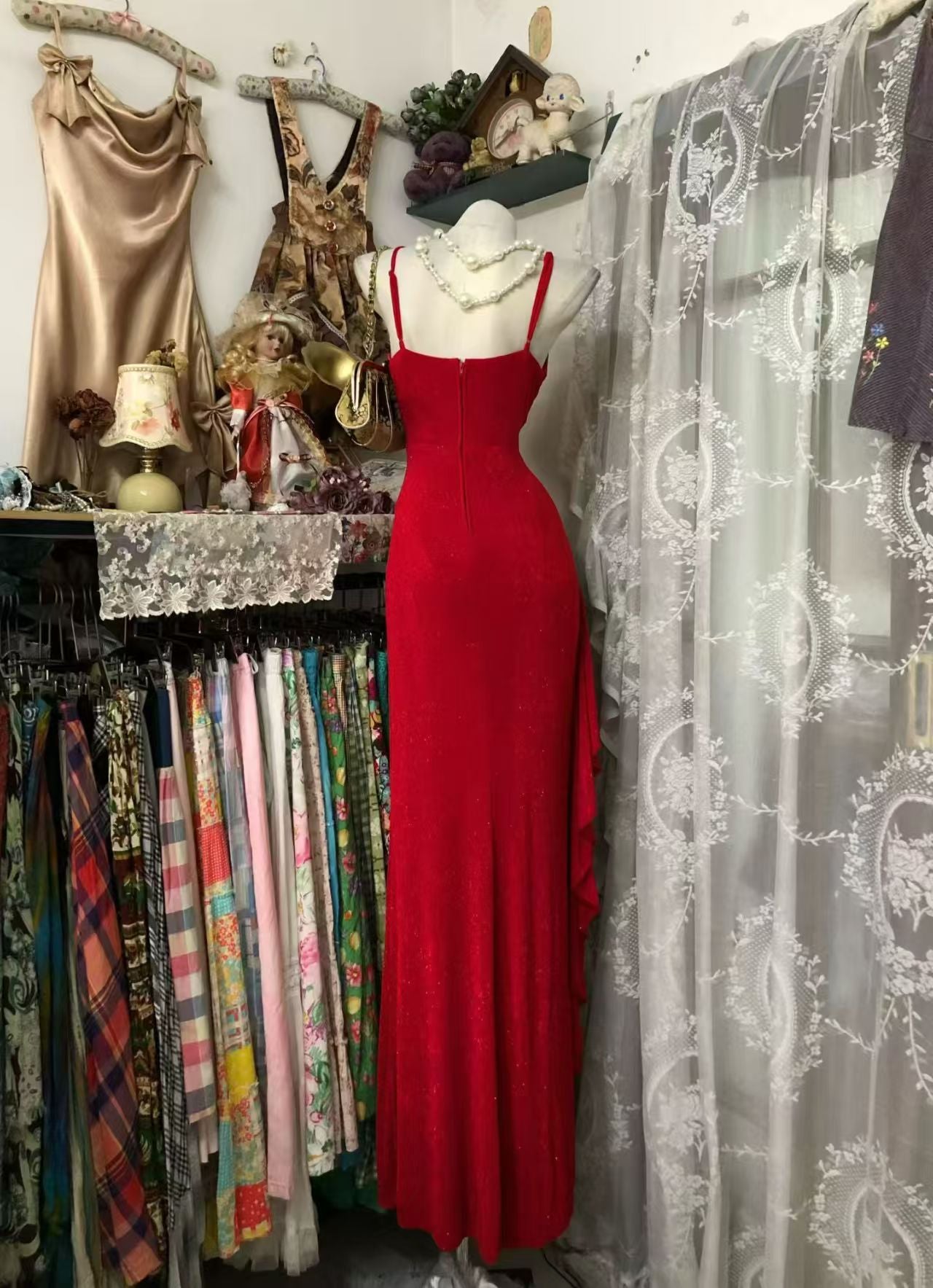 V Neck Red Ruffled Formal Prom Dress With Slit Birthday Dress  P2038