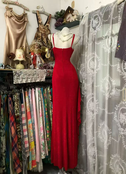 V Neck Red Ruffled Formal Prom Dress With Slit Birthday Dress  P2038
