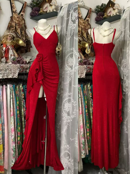 V Neck Red Ruffled Formal Prom Dress With Slit Birthday Dress  P2038